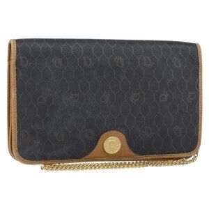Authentic Christian Dior Honeycomb Canvas Chain Shoulder Bag PVC Black Gold